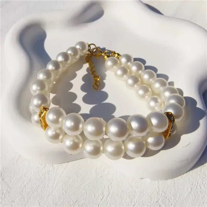 Collier Perles Double Rang avec Pendentif Fleur pour Chien et Chat