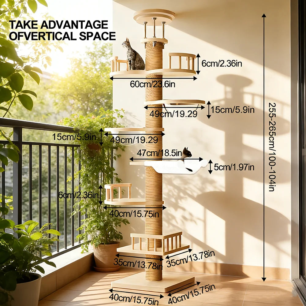 Arbre à Chat Multi-Niveaux en Bois Massif avec Hamac