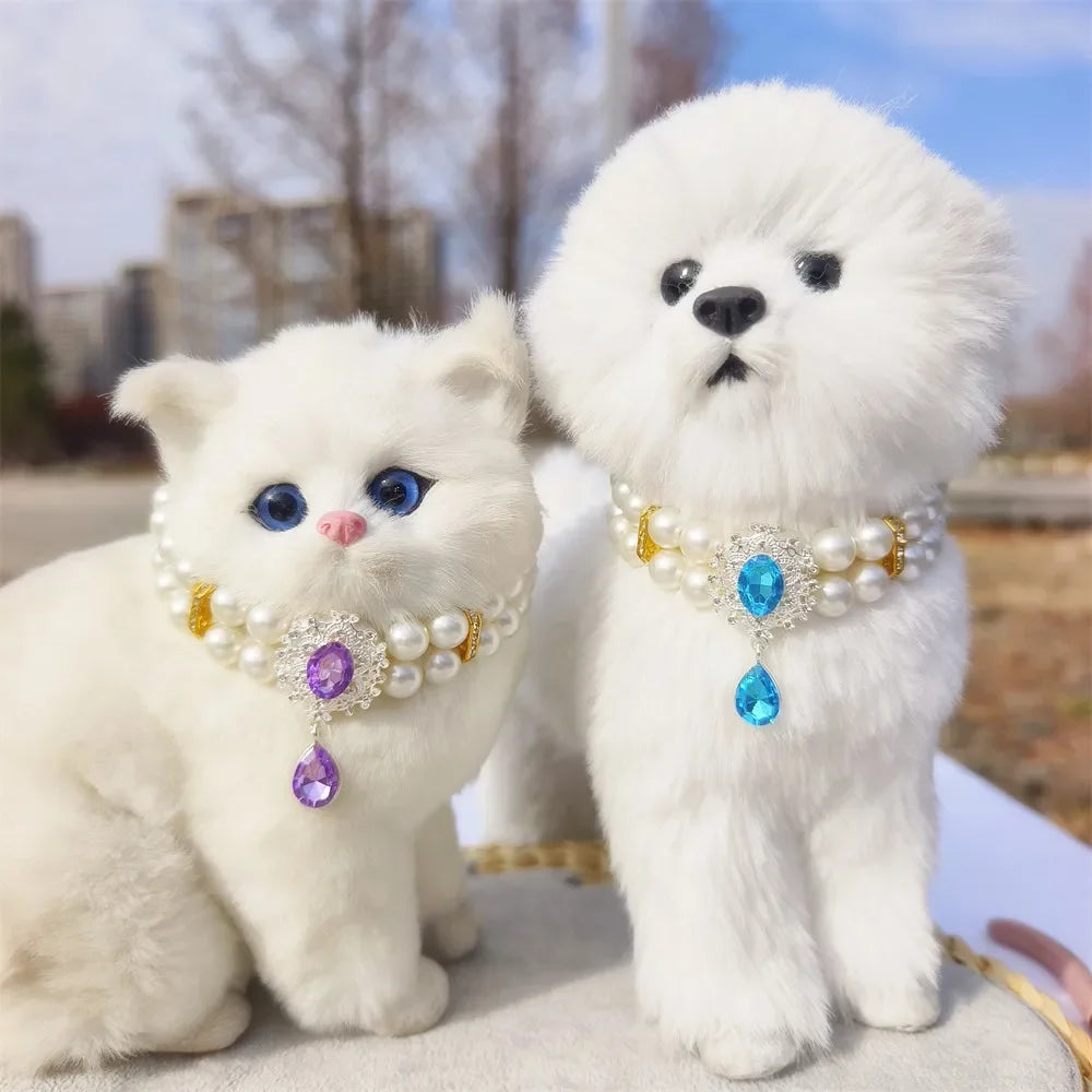 Collier Perles Double Rang avec Pendentif Fleur pour Chien et Chat