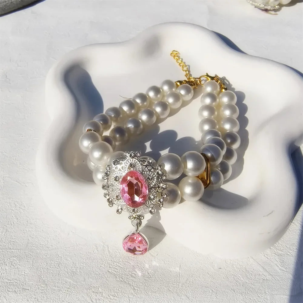 Collier Perles Double Rang avec Pendentif Fleur pour Chien et Chat