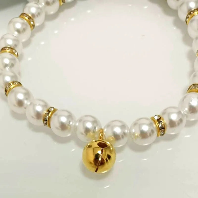 Collier Perles avec Grelot Doré et Ruban Noir pour Chien et Chat