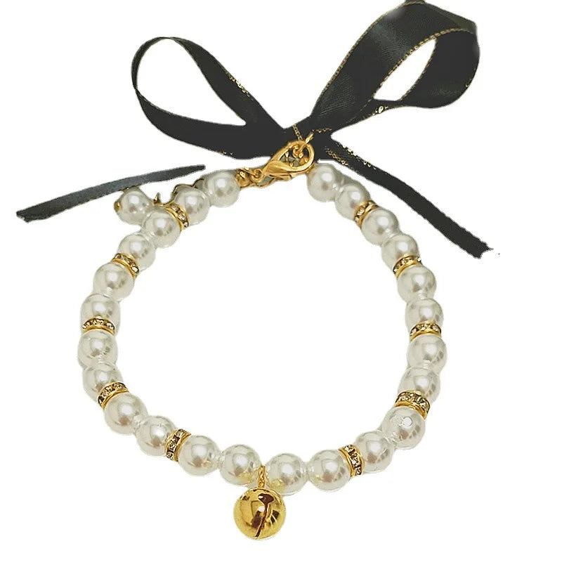 Collier Perles avec Grelot Doré et Ruban Noir pour Chien et Chat