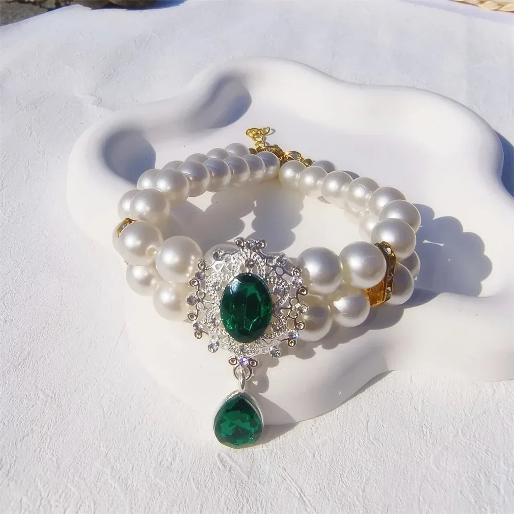 Collier Perles Double Rang avec Pendentif Fleur pour Chien et Chat