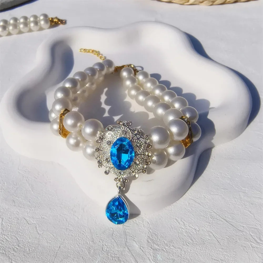 Collier Perles Double Rang avec Pendentif Fleur pour Chien et Chat