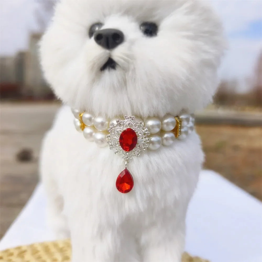 Collier Perles Double Rang avec Pendentif Fleur pour Chien et Chat