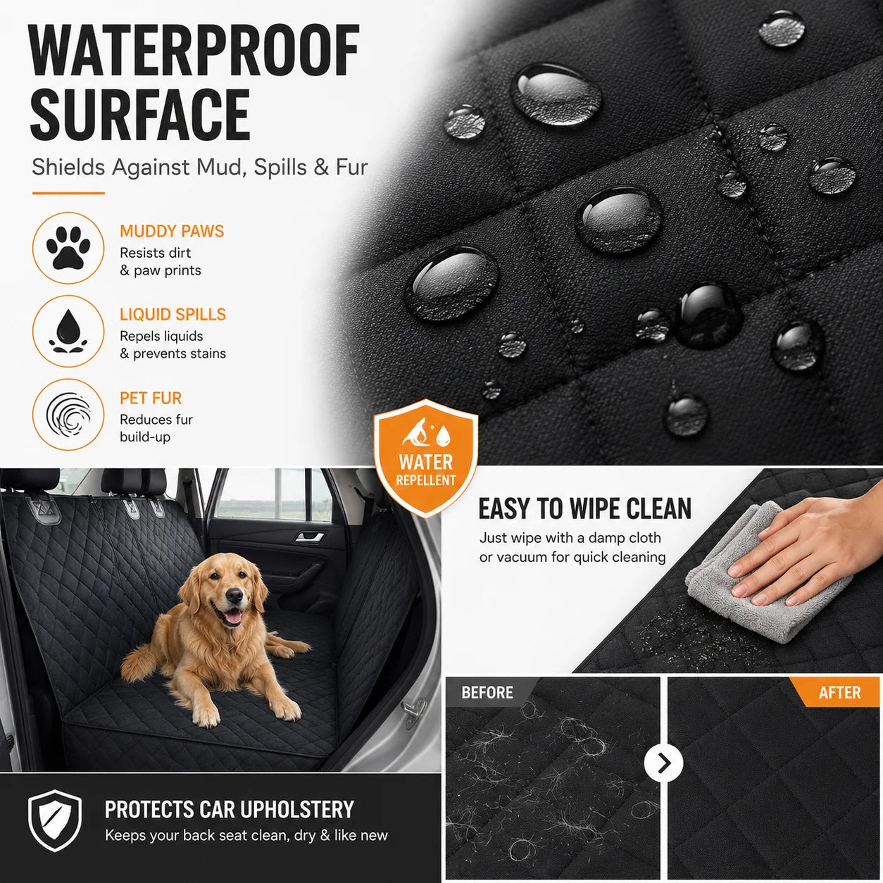 Housse de Banquette Arrière Imperméable pour Chien - Matelassée