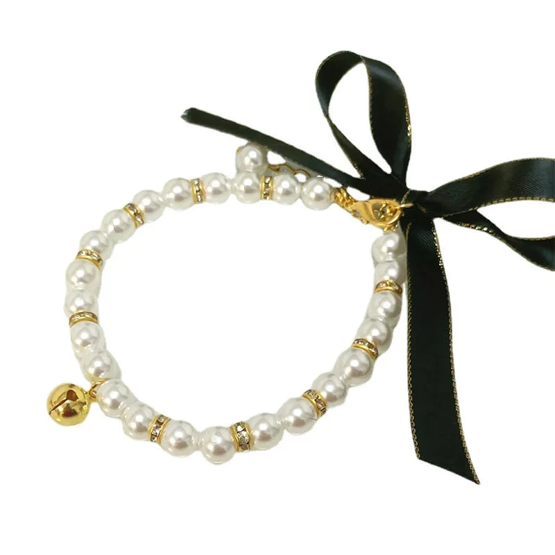Collier Perles avec Grelot Doré et Ruban Noir pour Chien et Chat