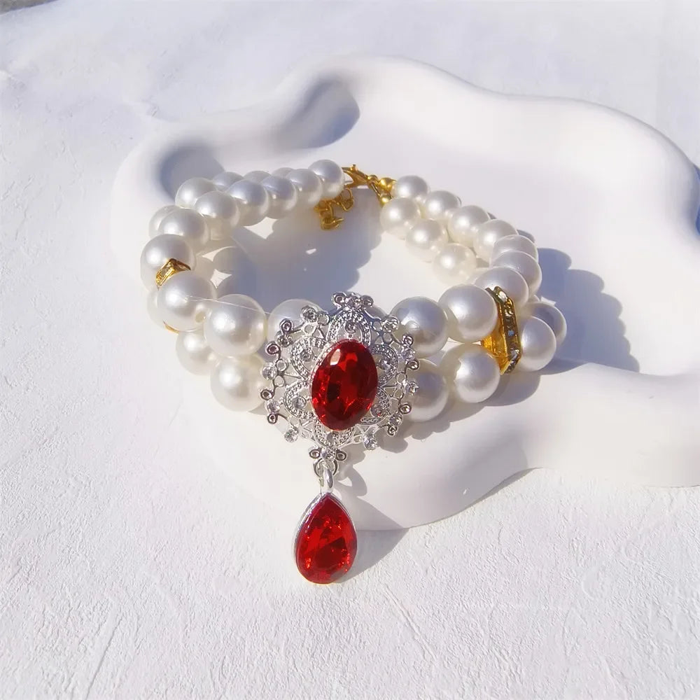 Collier Perles Double Rang avec Pendentif Fleur pour Chien et Chat