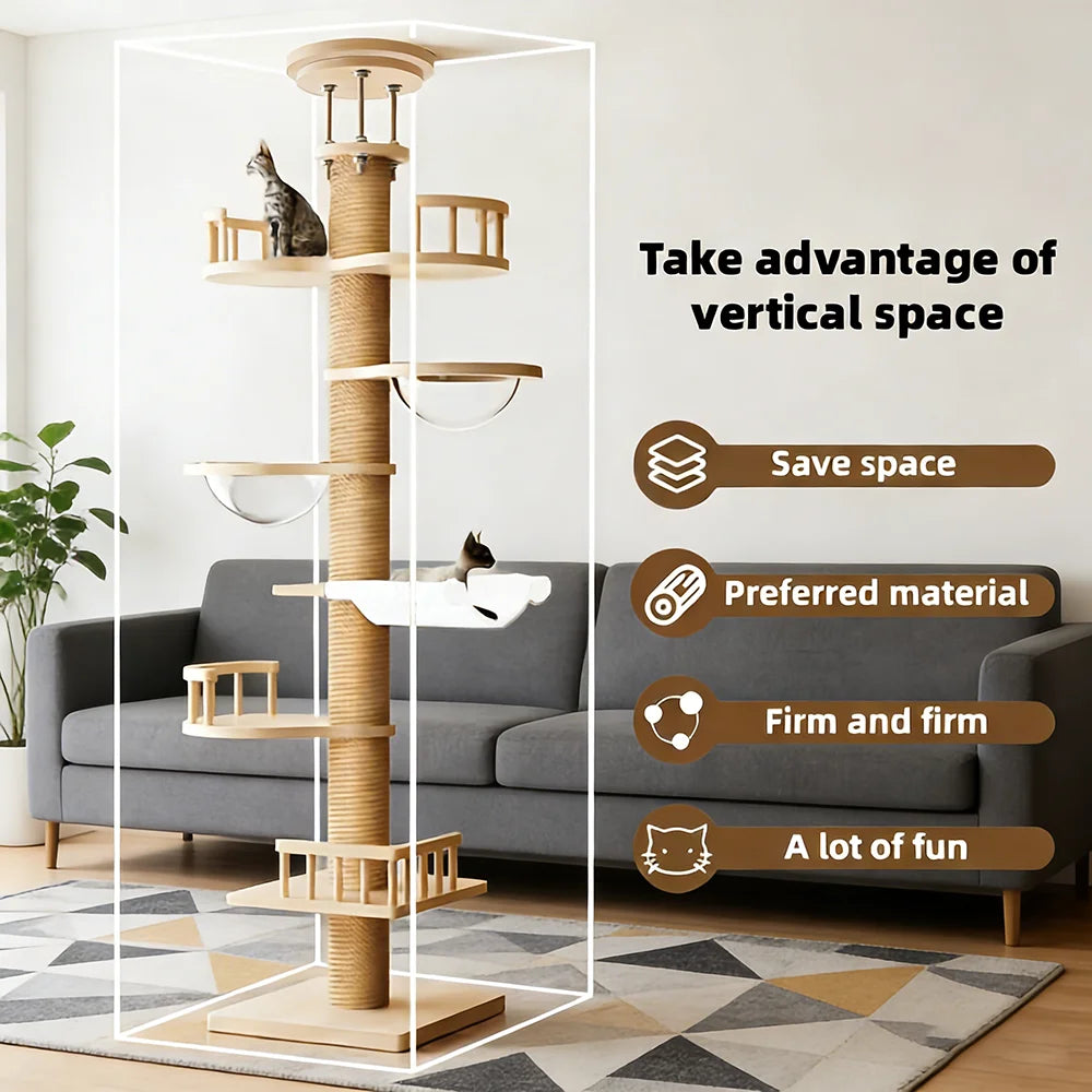 Arbre à Chat Multi-Niveaux en Bois Massif avec Hamac